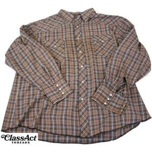 Vintage Wrangler Mens Pearl Snap Western Cowboy Brown Plaid Retro Sz XXL